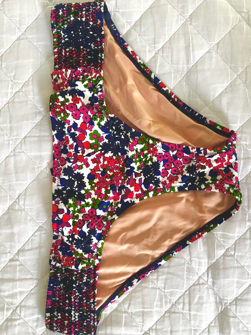 NWT / J.Crew Smocked Surf Hipster Bikini Bottom in Mayapple Pink Floral / L